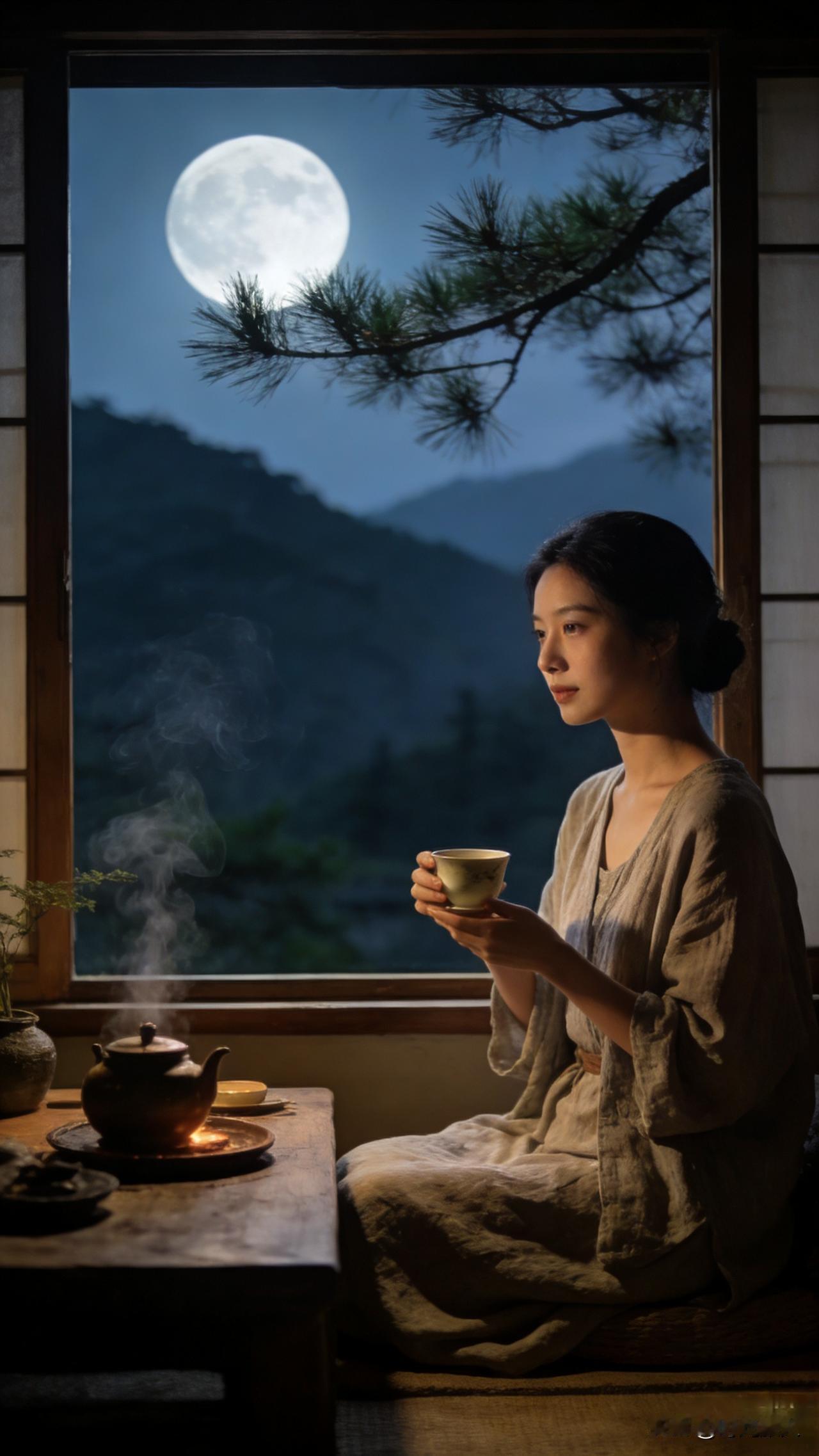 上联：一窗松月伴茶烟

山居的夜晚，松月映窗，茶烟袅袅，偷得浮生半日闲。师友们若