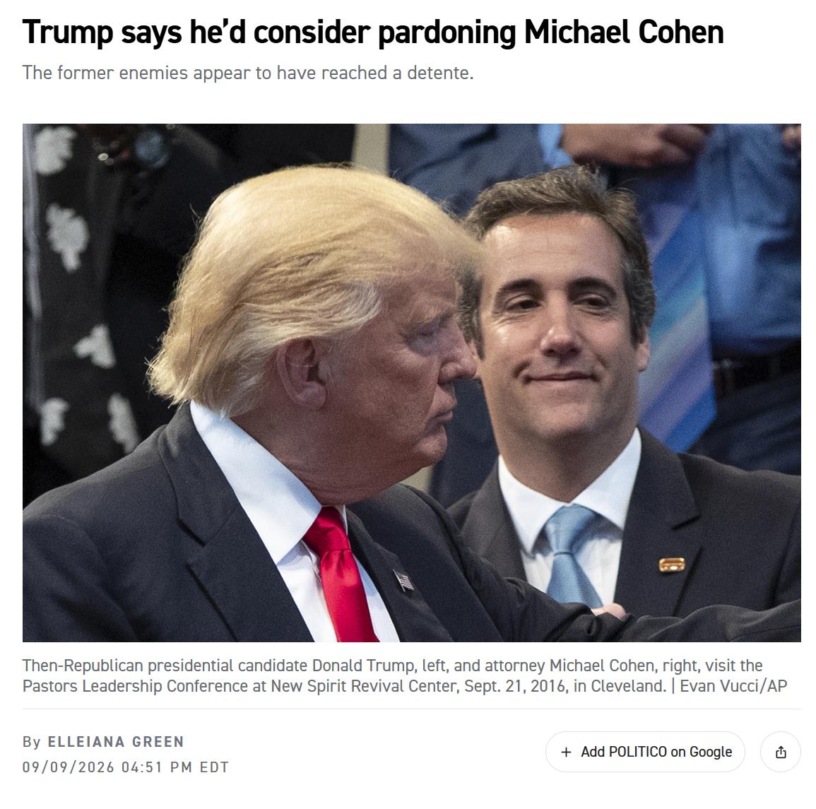 林一五：特朗普表示自己在考虑特赦Michael Cohen。

Michael 