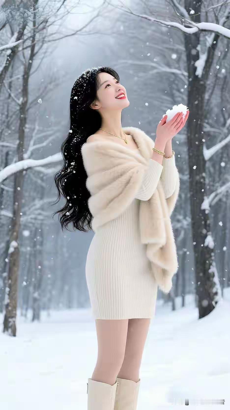 冬日雪景中的甜美少女，微笑着捧起雪花，温暖而浪漫。