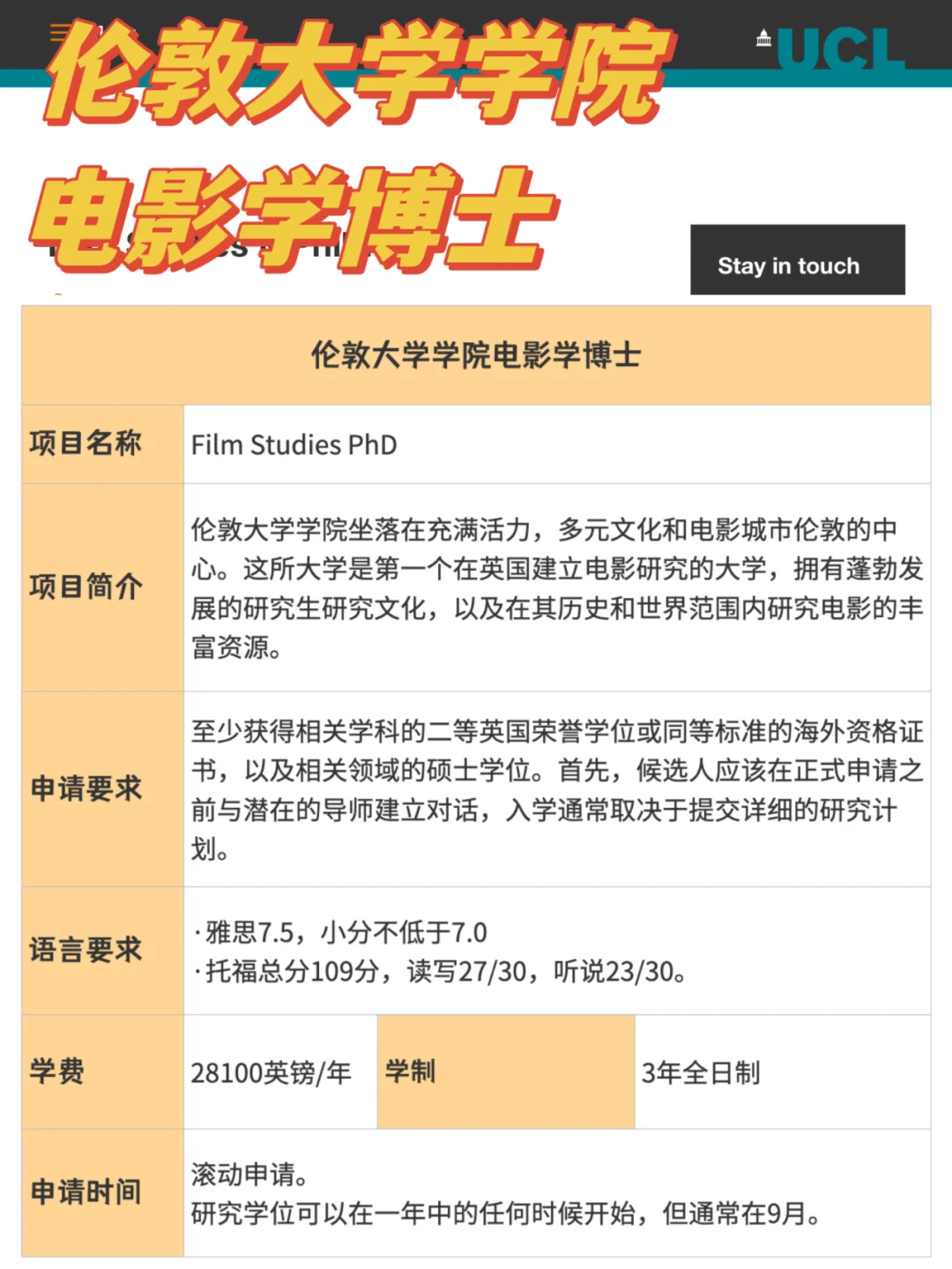 伦敦大学学院丨24年电影学博士