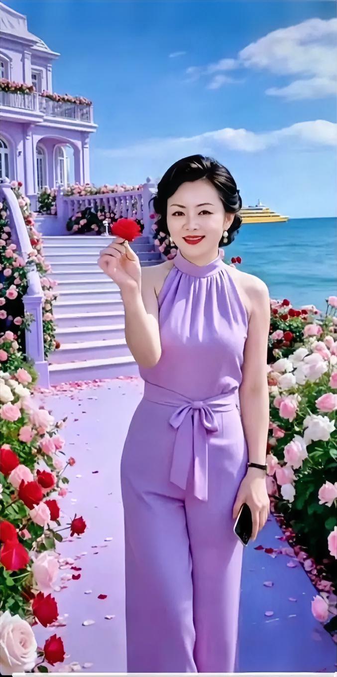 海风漫过开满玫瑰的小径，淡紫色连体裤衬得气质温柔从容。手中一抹红玫瑰，与满园繁花