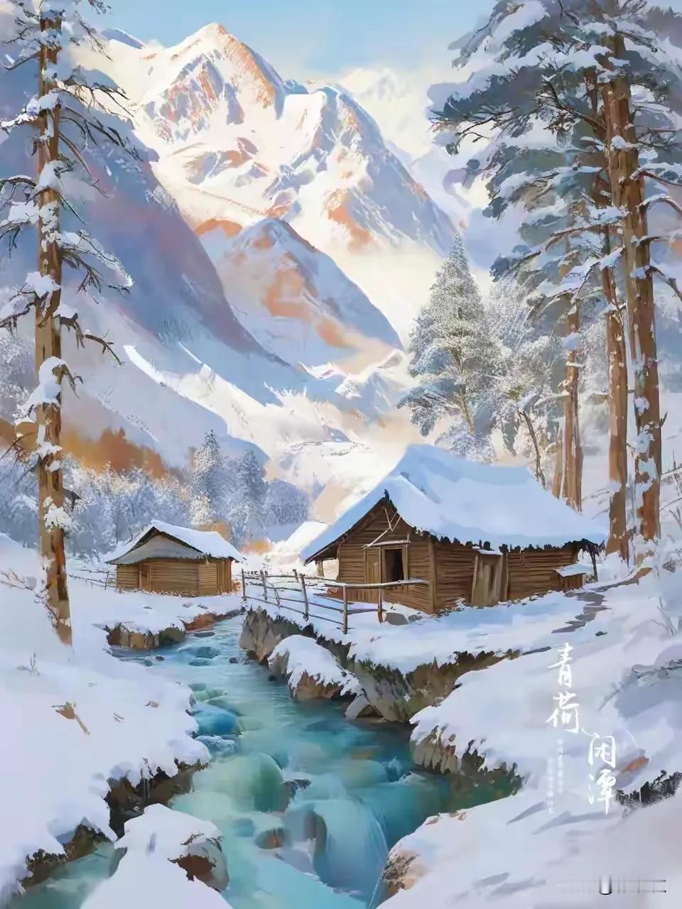 冬日到山家
十里青山古木平，
半溪残雪夕阳明。
小桥流水门深闭，
但听云中鸡犬声