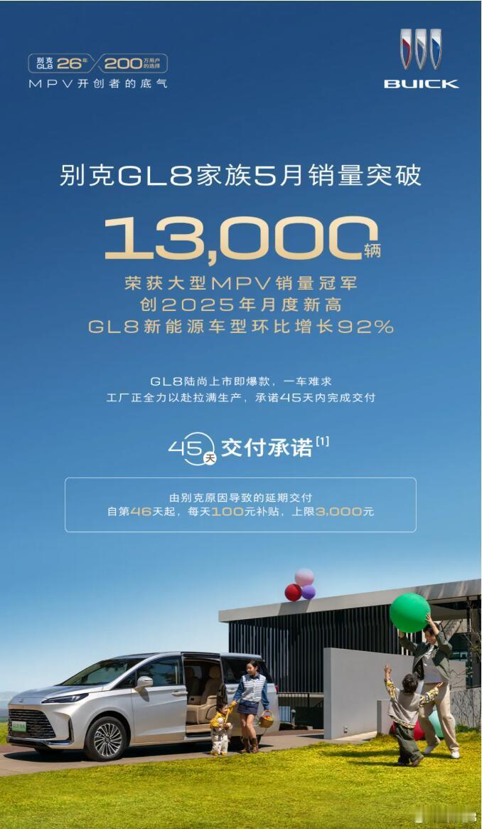 别克GL8 在5月的销量达到了13055辆，创下2025年月度销量新高，蝉联大型