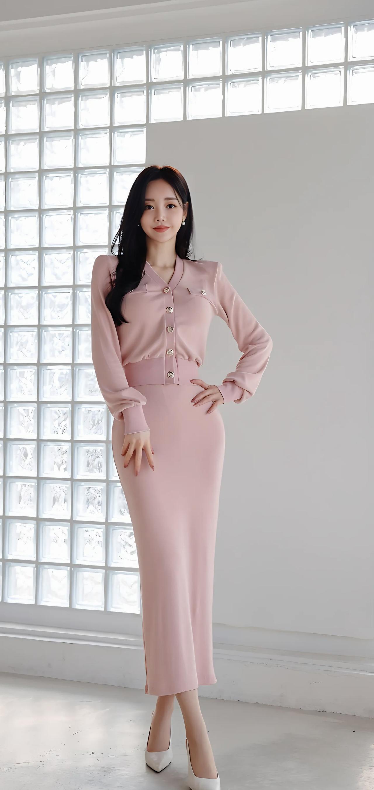 这女生穿粉色连衣裙好优雅！