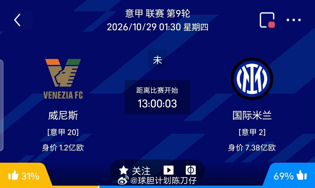 【足球】周三005意甲方向：威尼斯vs国际米兰意甲 威尼斯 VS 国际米兰比赛时