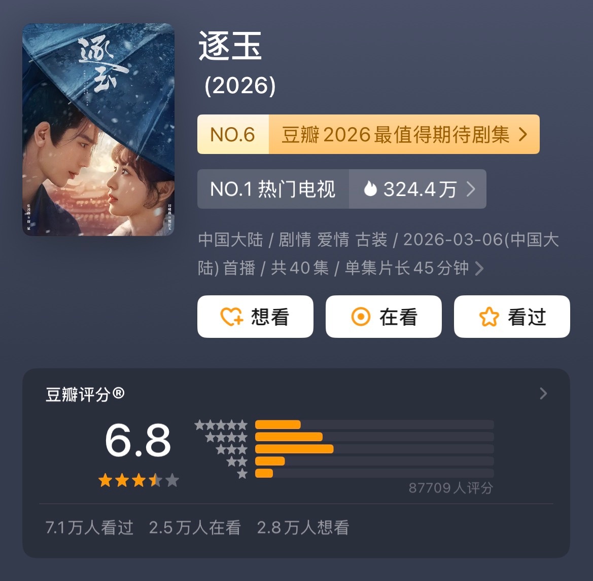 《逐玉》豆瓣开分6.8逐玉豆瓣6.8