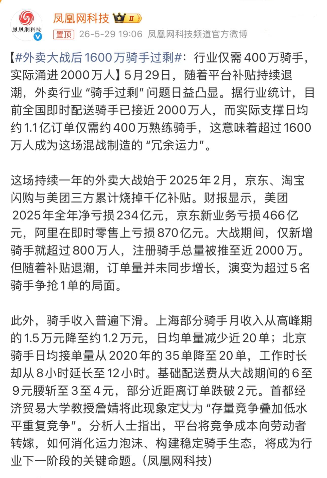 外卖大战后1600万骑手过剩只需要400万人的就业岗位，2000万人抢。等于说，