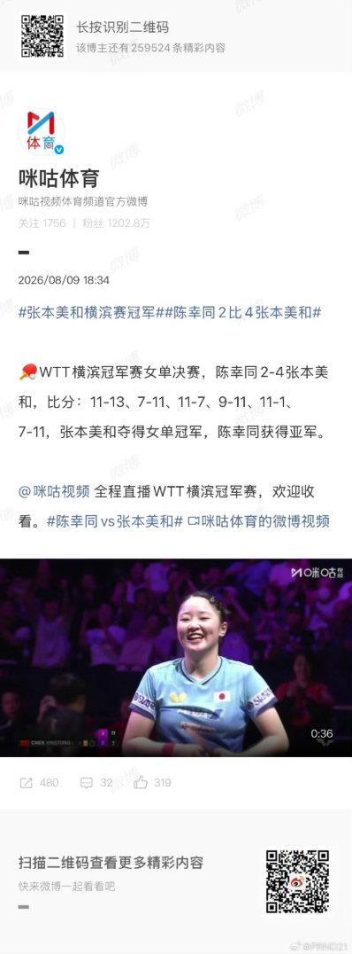 张本美和横滨赛冠军18岁张本美和主场作战，鏖战六局拿下女单冠军，一路接连迎战国乒