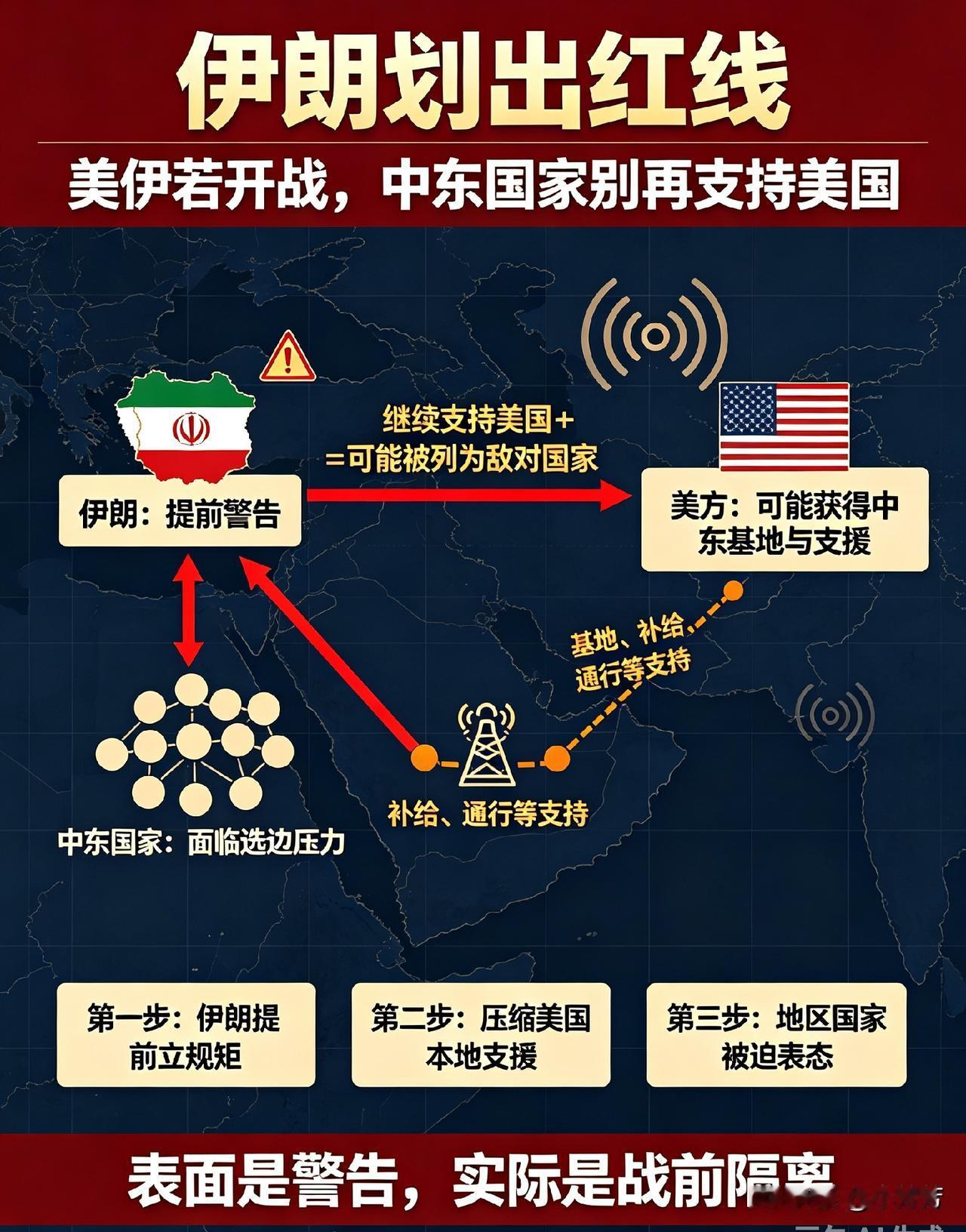 中东局势再出重要警告！
伊朗提前给周边国家划下红线。
一旦和美伊爆发战争，
这些