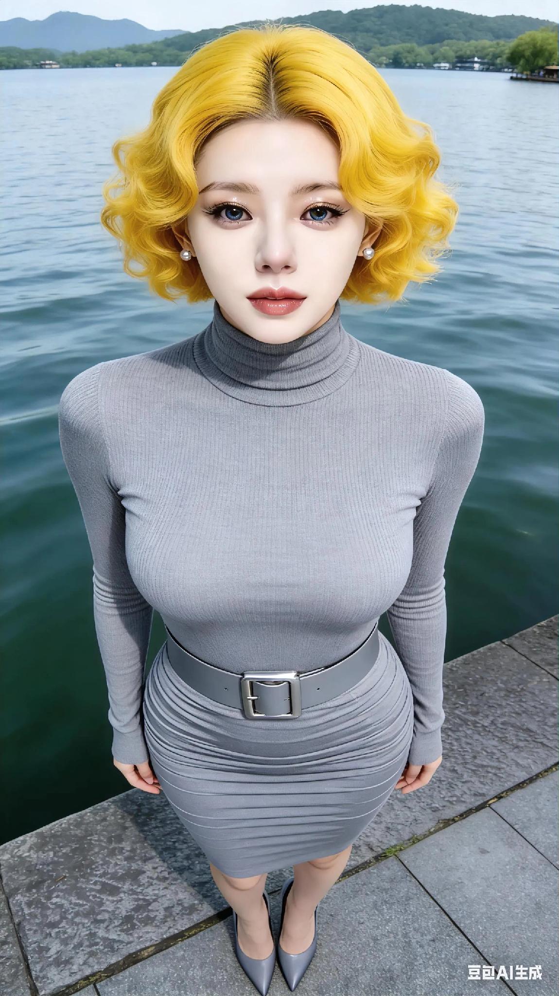 惊艳的黄色卷发，优雅灰色连衣裙，湖边美景相伴，完美时尚大片！
卷发温柔写真 
温