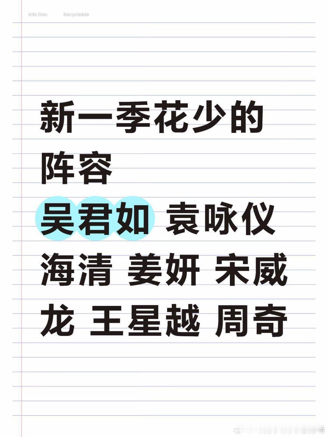 新一季花少的阵容🍉， 吴君如，袁咏仪，海清，姜妍，宋威龙，王星越，周奇 