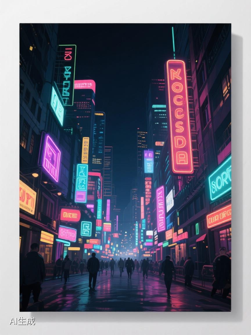 AI妙生图霓虹闪烁的夜色里，城市如梦幻迷宫，光怪陆离，每盏灯都藏着不为人知的故事