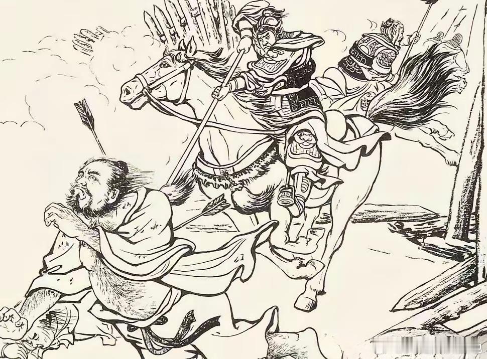 历史 背刺。此图中一员战将飞马抡枪赶到，见一个五大三粗浑身上下都是腱子肉的壮汉挡