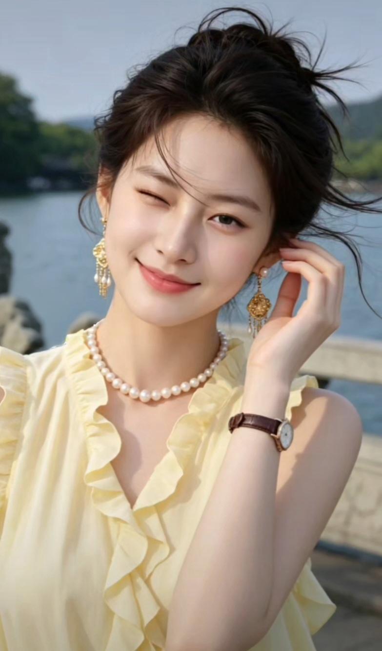 夏日清新穿搭，珍珠项链与耳环点缀，优雅动人