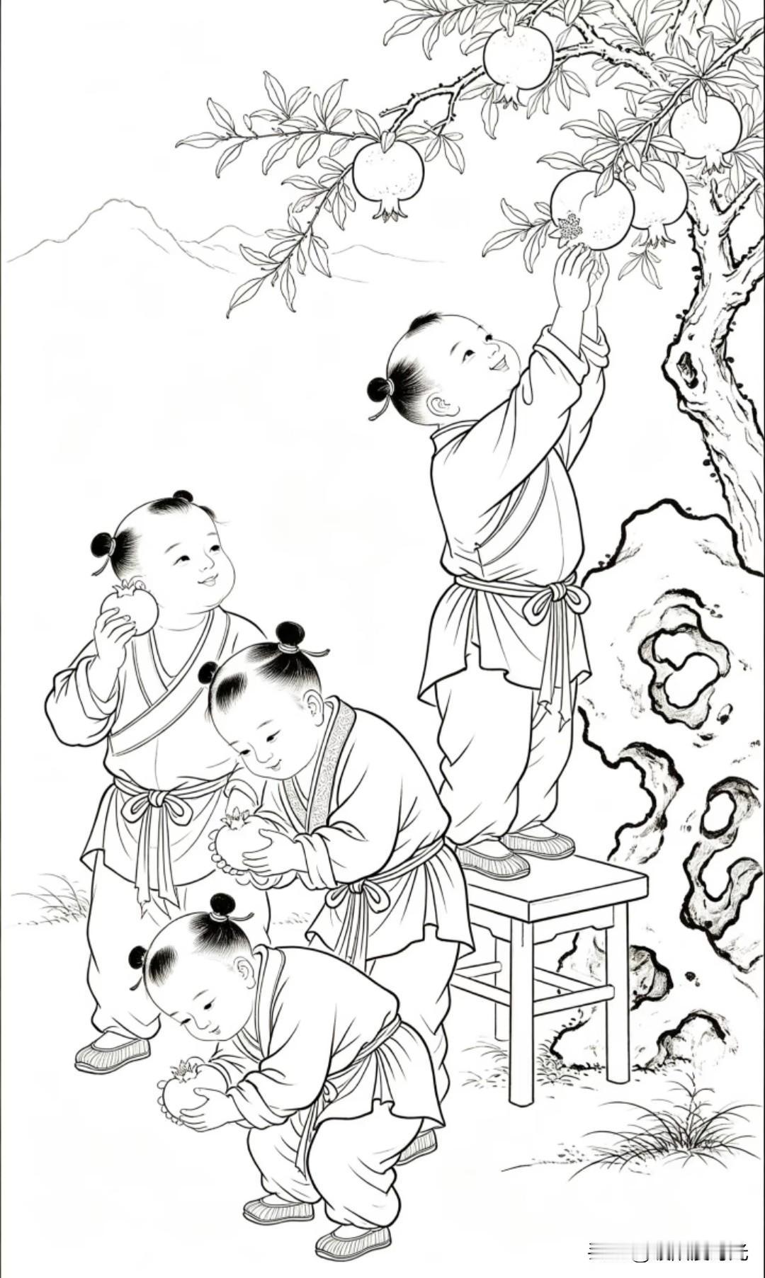 稚子戏榴间，笑看岁月皆安然。
战绩可查婴戏图线稿分享
婴戏图 工笔人物线稿
