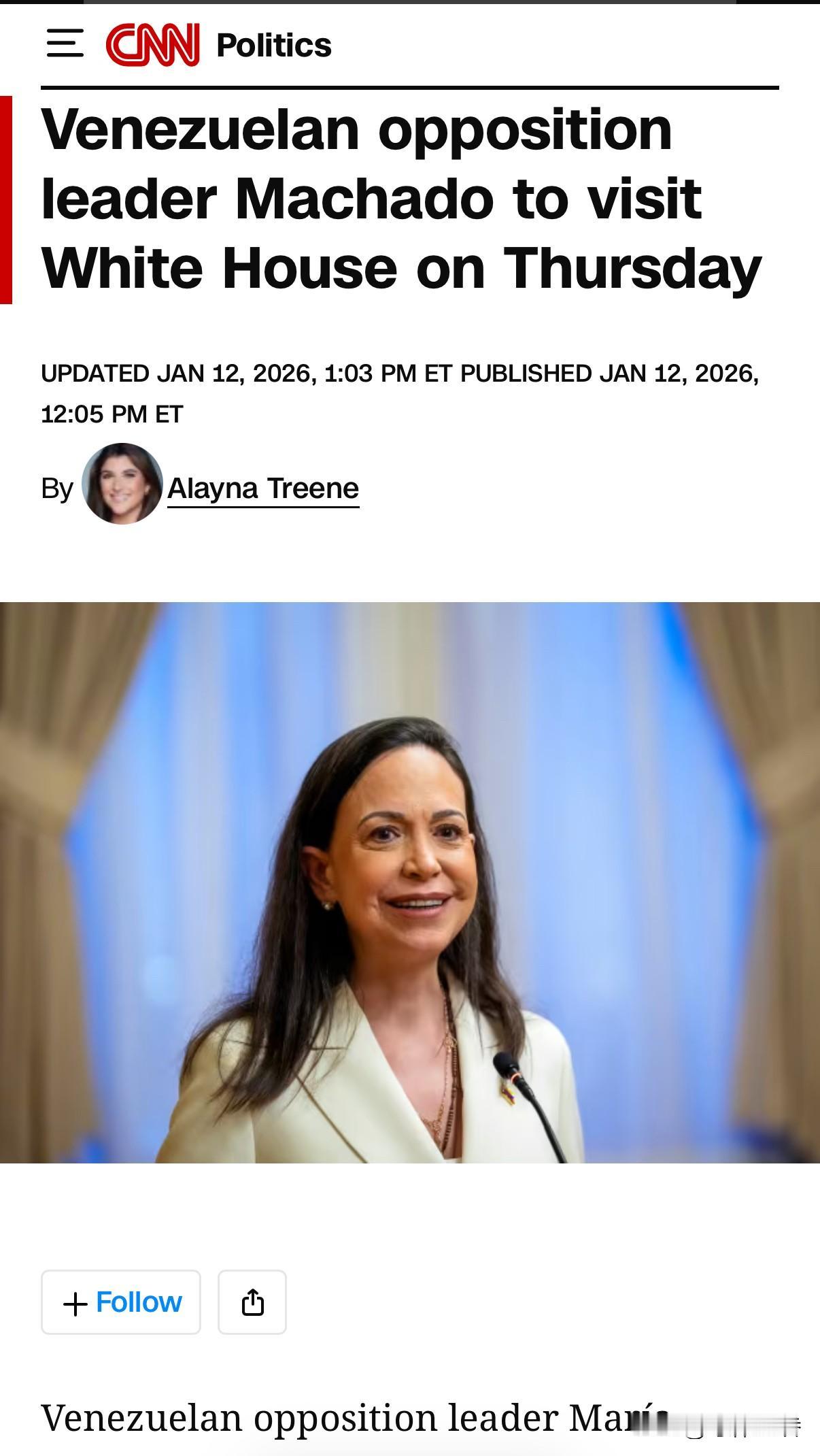 委内瑞拉反对派领导，去年诺奖得主马查多将于周四到访白宫。
   日前，马查多曾表