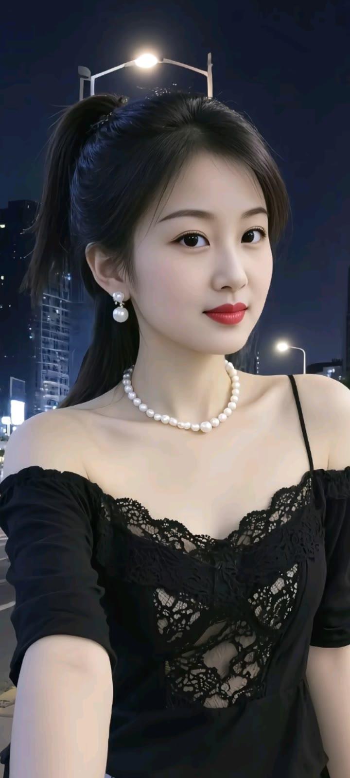 夜晚的街灯下，优雅的黑裙与珍珠项链相映成趣，散发着迷人的魅力。