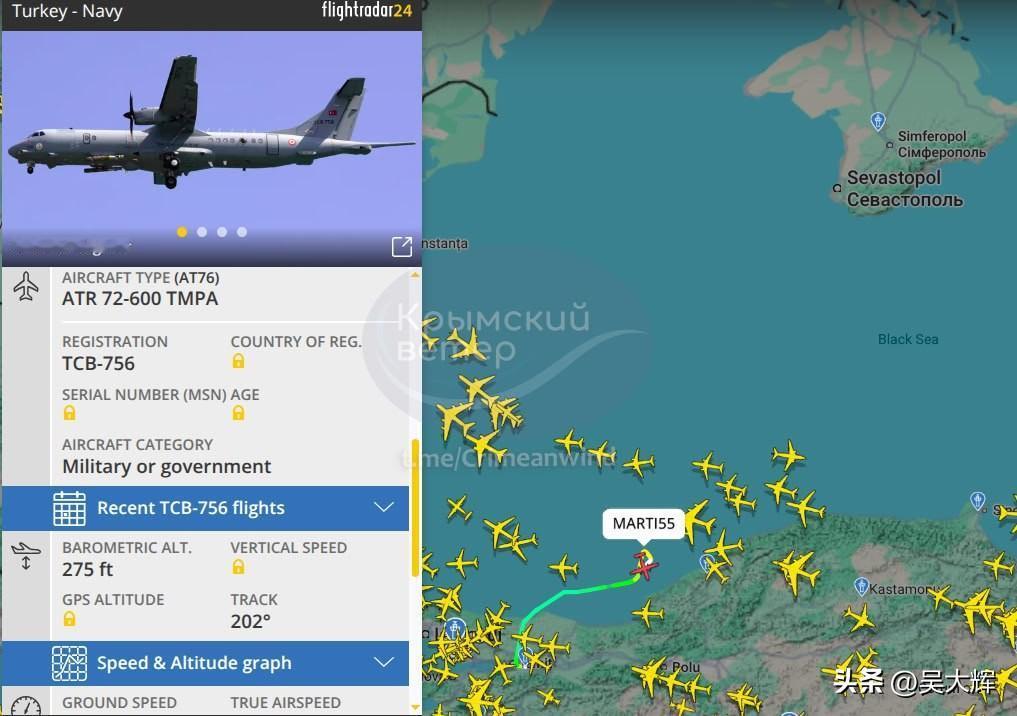 【土耳其飞机正在黑海上空进行侦察】据航班追踪门户网站Flightradar数据，