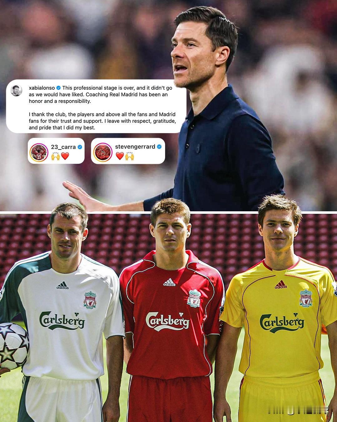 阿隆索下课后首度在个人社交媒体发文，深情对皇马告别。然而，最早在评论区留言表达支