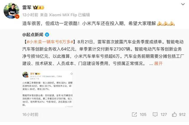 对于“小米卖一辆车亏6万多”的相关说法，雷军表示，“造车很苦，但成功一定很酷！小