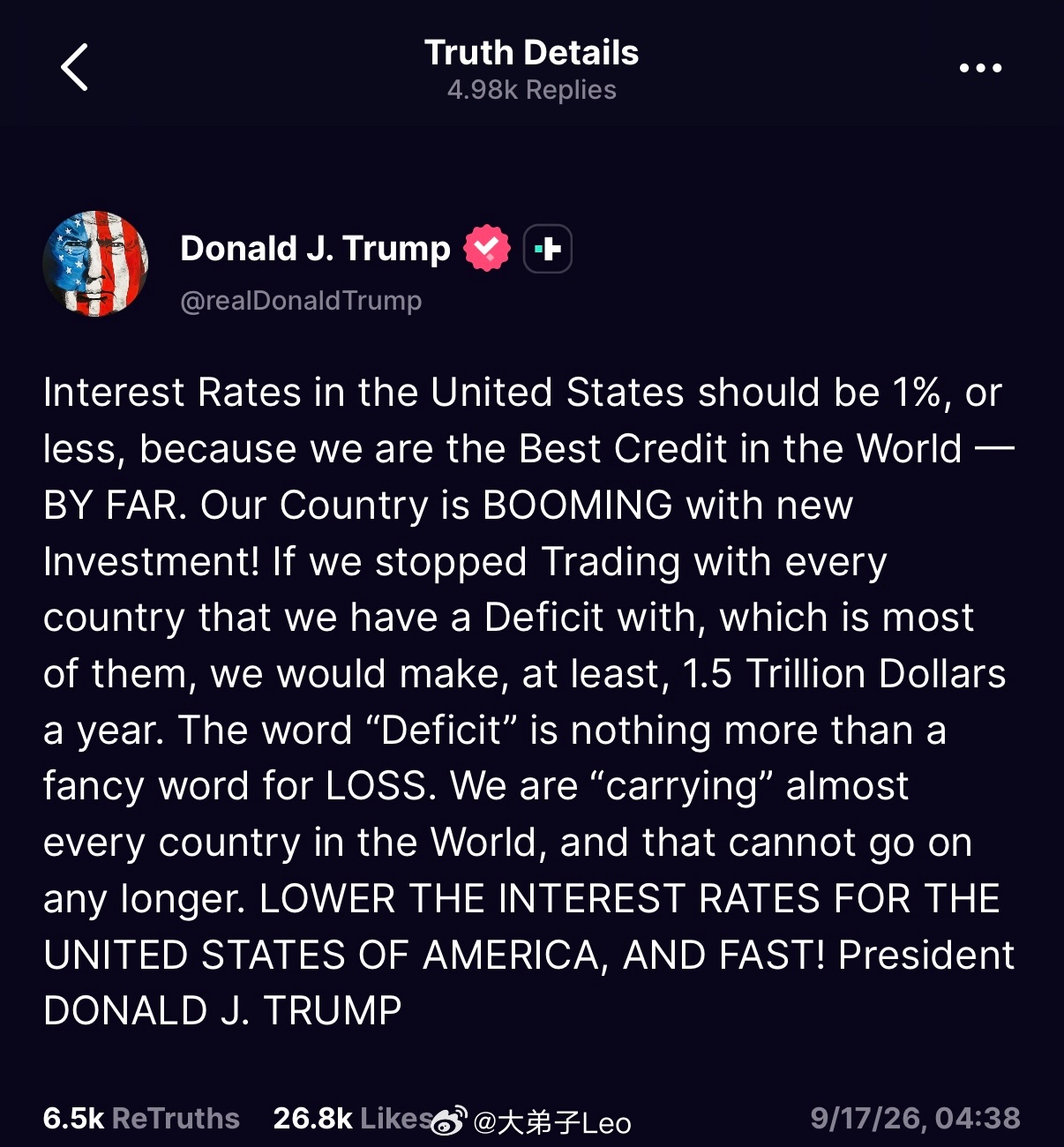 特朗普：美国的利率应为1%或更低，因为我们拥有全世界最优质的信用——远超其他任何