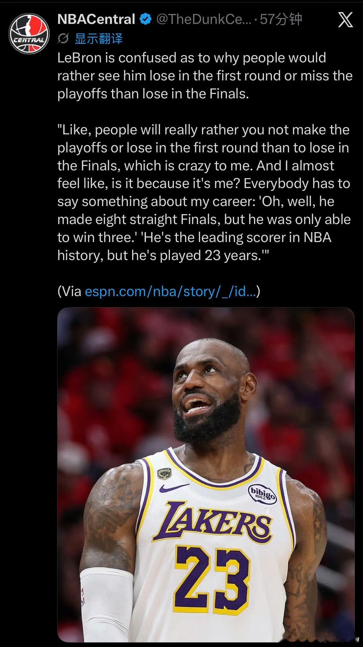 勒布朗·詹姆斯谈舆论双标，湖人G5生死战一触即发当湖人带着3-1的赛点回到主场，