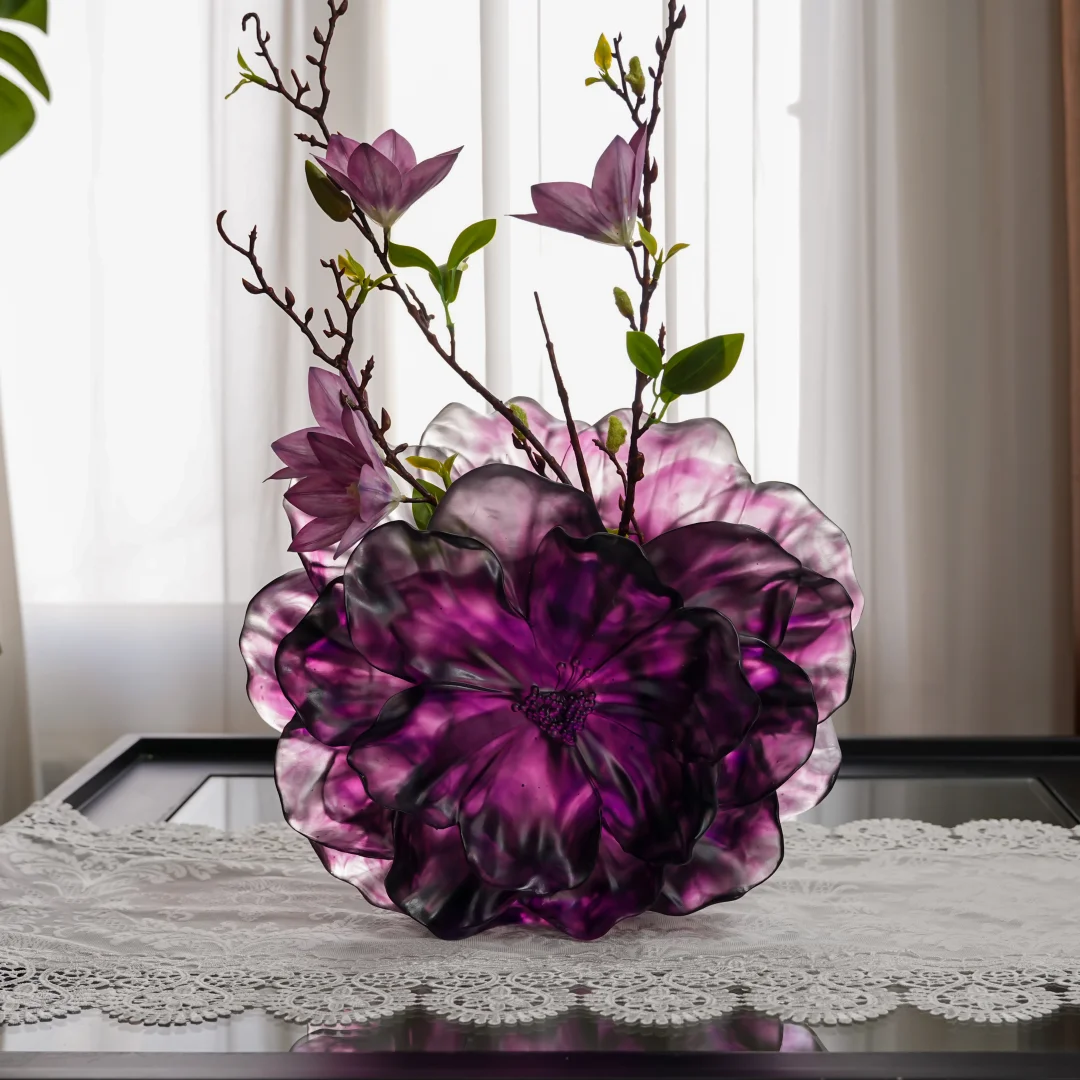 深紫古法琉璃山茶花🌺客厅桌面绝美摆件