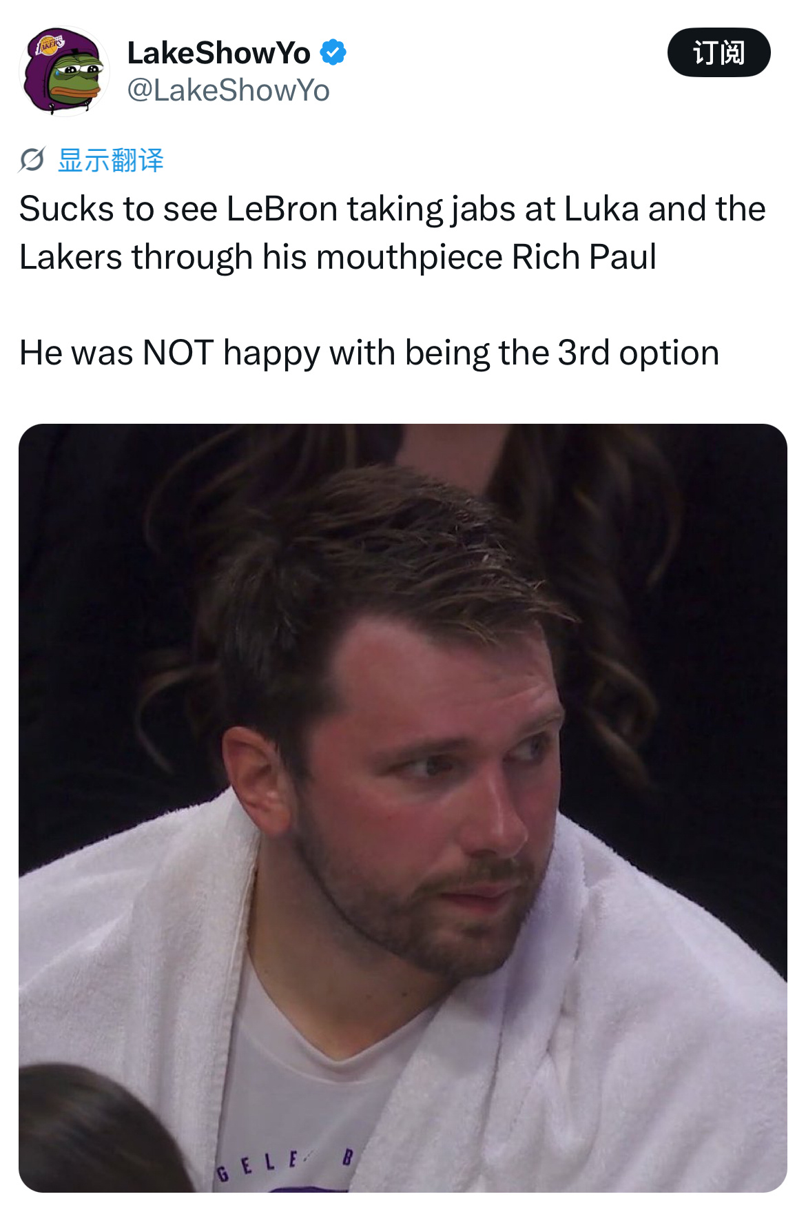 LakeShowYo终于看清现实，开始反水。 截图所示的该账号是外网知名的湖人自