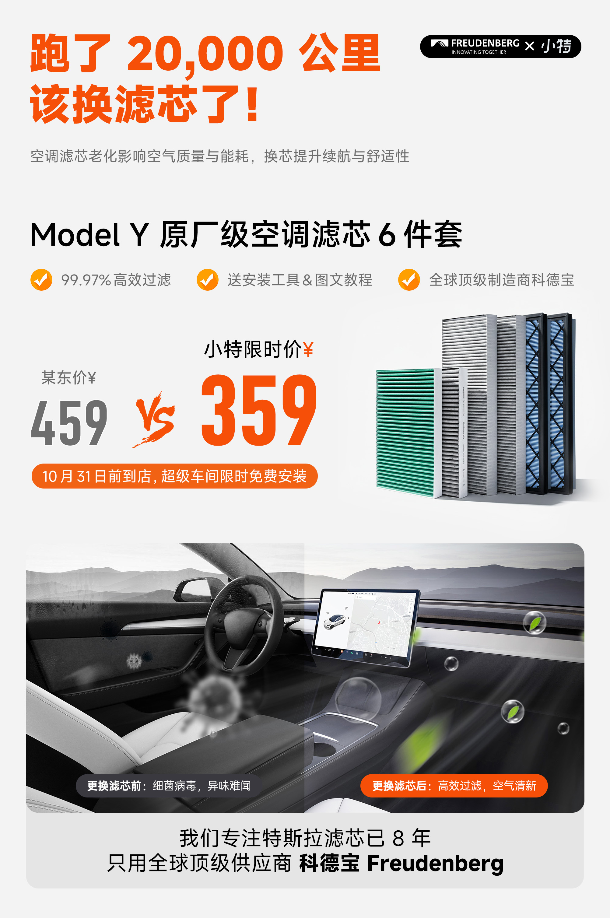 促销一波，特斯拉老车主看过来！科德宝 Model Y 大小滤芯，某东 459元，