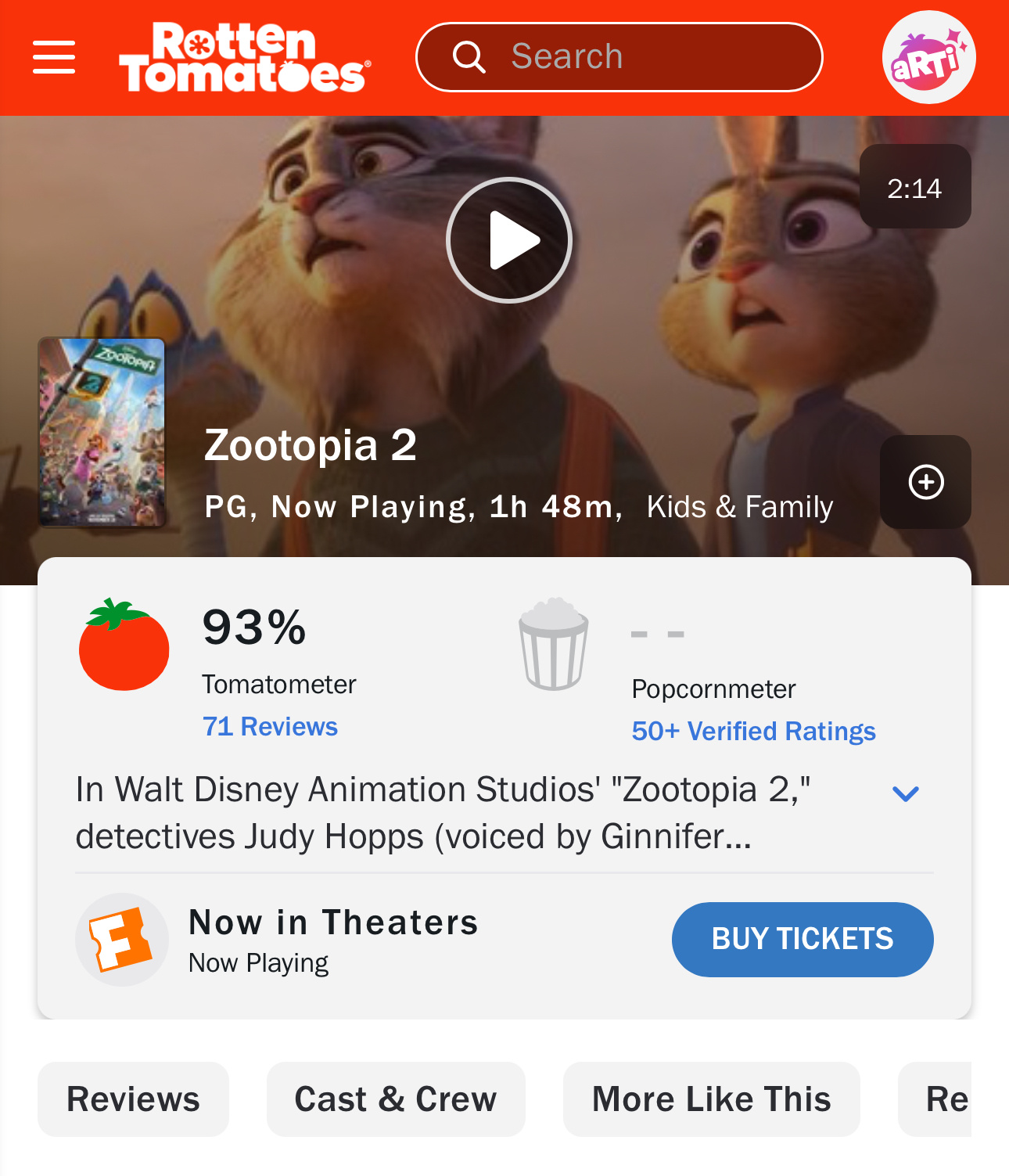 《疯狂动物城2》烂番茄开分93%新鲜度，维持住了第一部的高水准。 疯狂动物城2