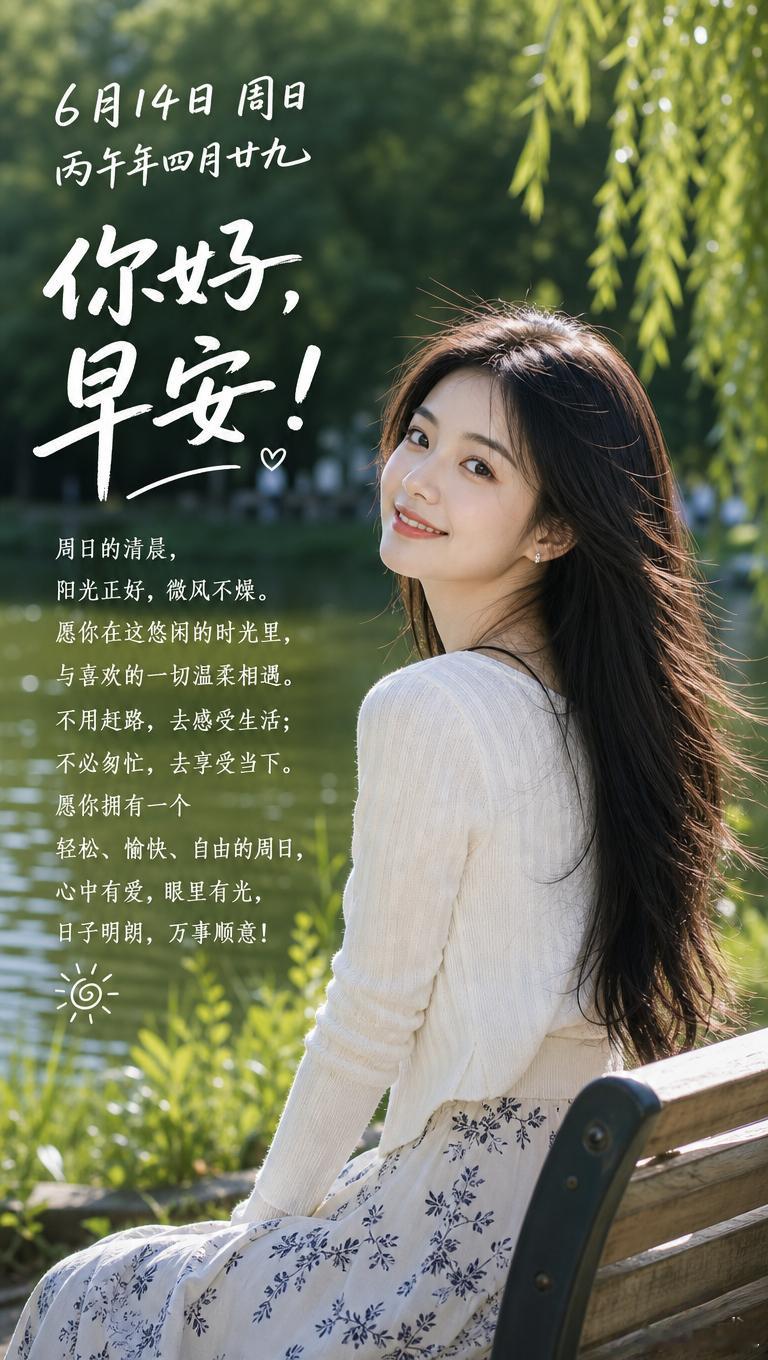 6月14日 周日 丙午年四月廿九你好，早安！周日的清晨，阳光正好，微风不燥。愿你
