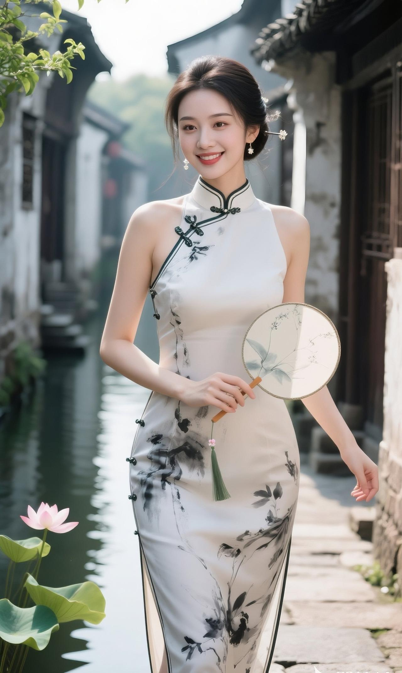 江南水乡，旗袍美人，手持团扇，笑靥如花。旗袍 旗袍美女 东方美 江南风旗袍照 旗