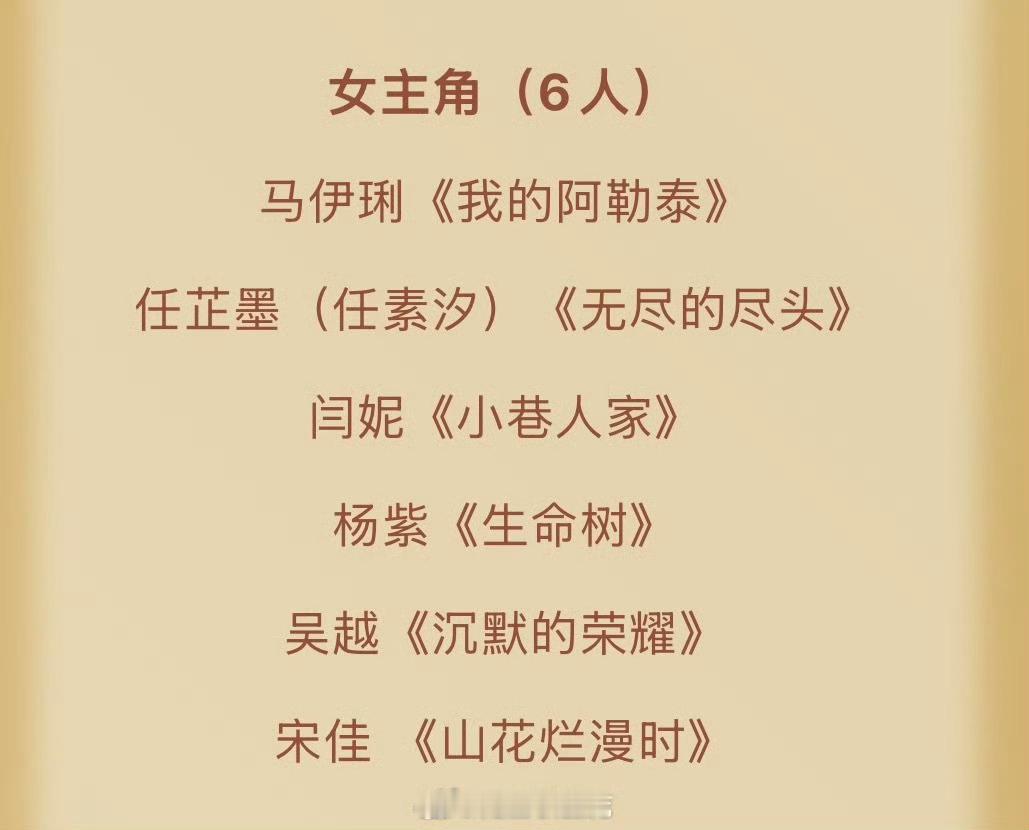 第33届中国电视金鹰奖最佳女主角提名 马伊琍《我的阿勒泰》任素汐《无尽的尽头》闫