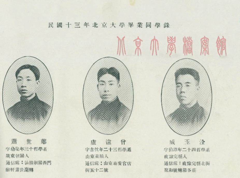 民国十三年北大毕业同学录卢逮曾影像简介
此件为北京大学档案馆藏《民国十三年北京大