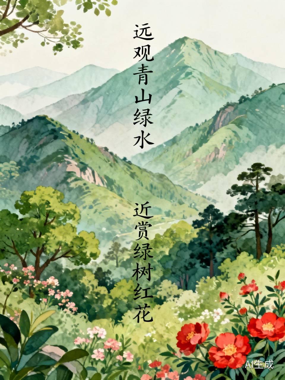 上联：远观青山绿水，
下联：近赏绿树红花。