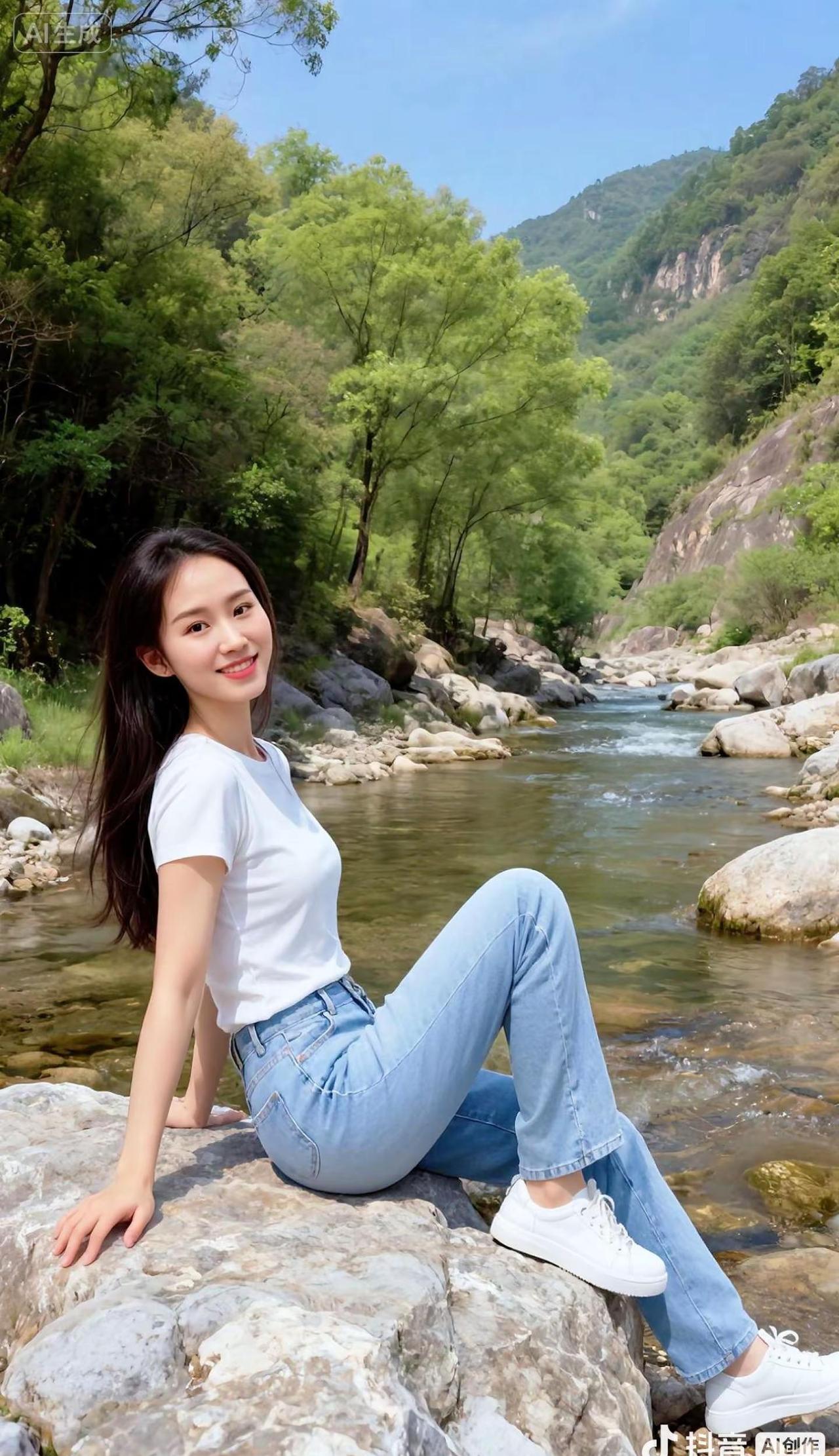 山水之间，心无杂念。远离喧嚣，只闻风声与水声，这一刻，岁月静好，自在安然。奔四女