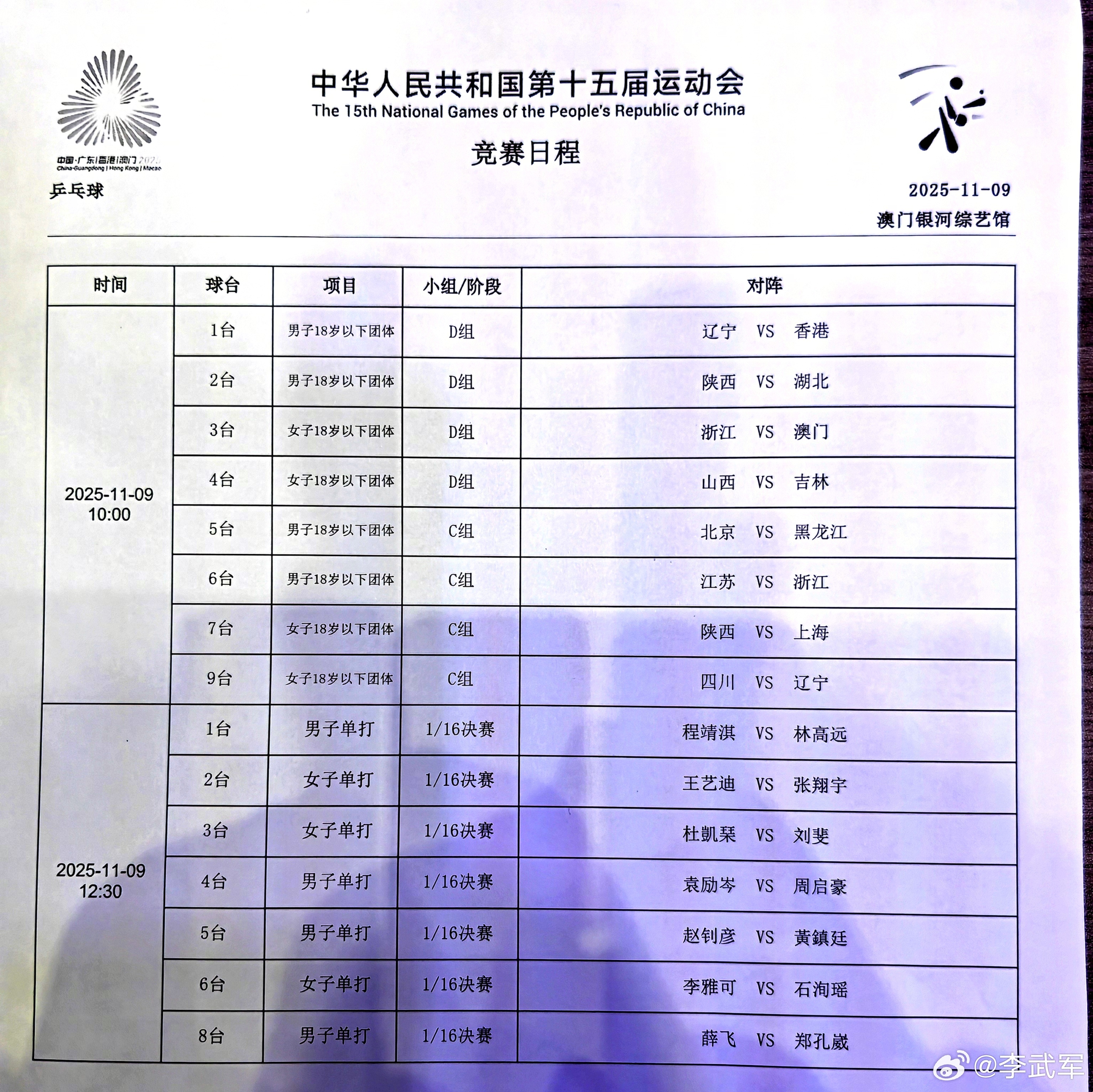 第十五届全运会乒乓球项目11月9日赛程！ ​​​