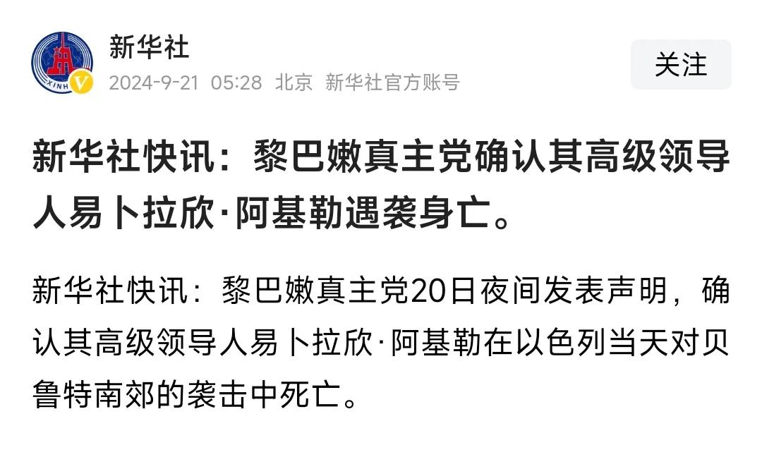 好家伙！
一波未平一波又起，
黎巴嫩真主党高级领导人，
20日在以色列袭击中身亡