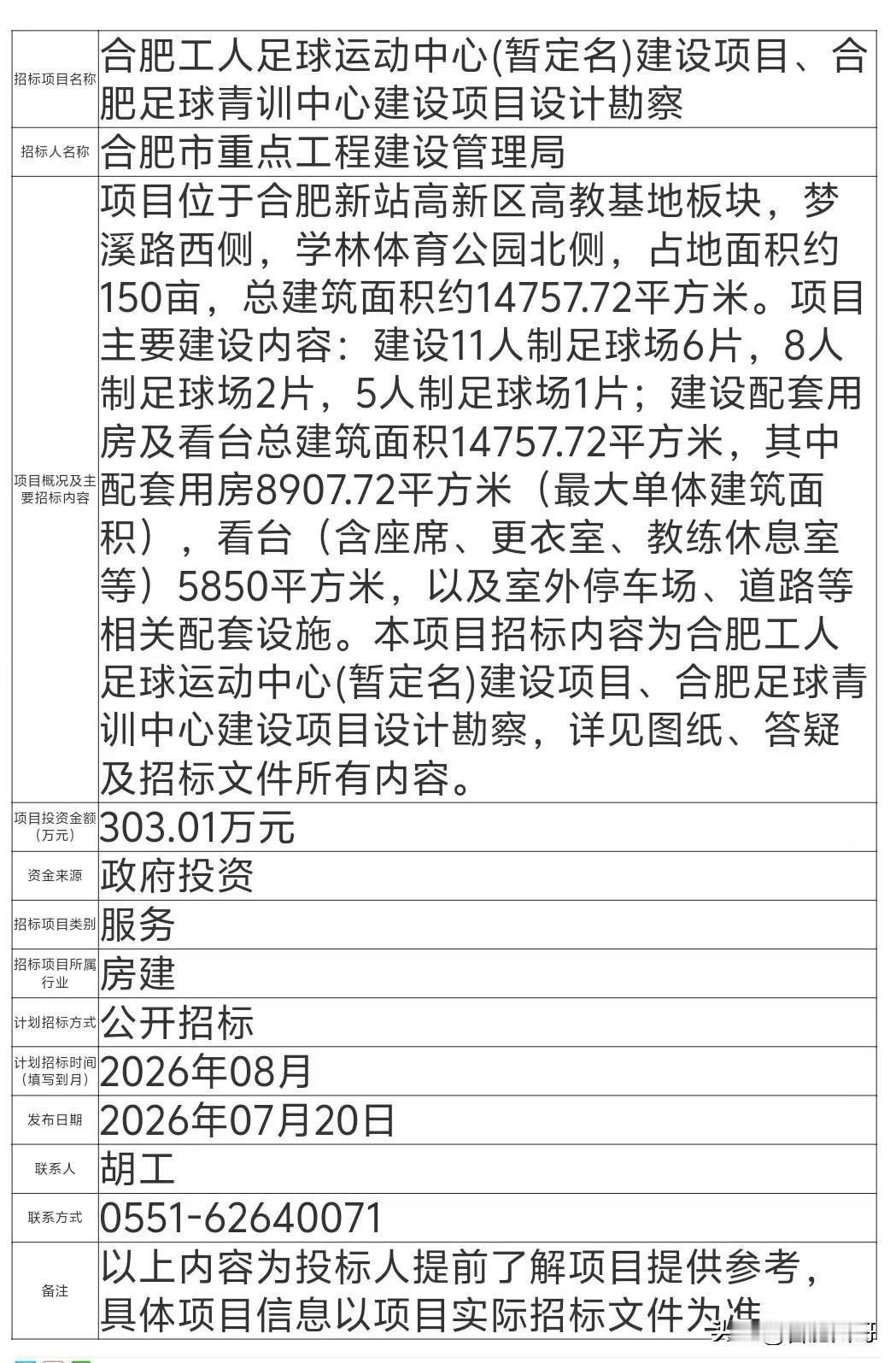 合肥工人足球运动中心（暂定名）建设项目、合肥足球青训中心建设项目设计勘察

项目