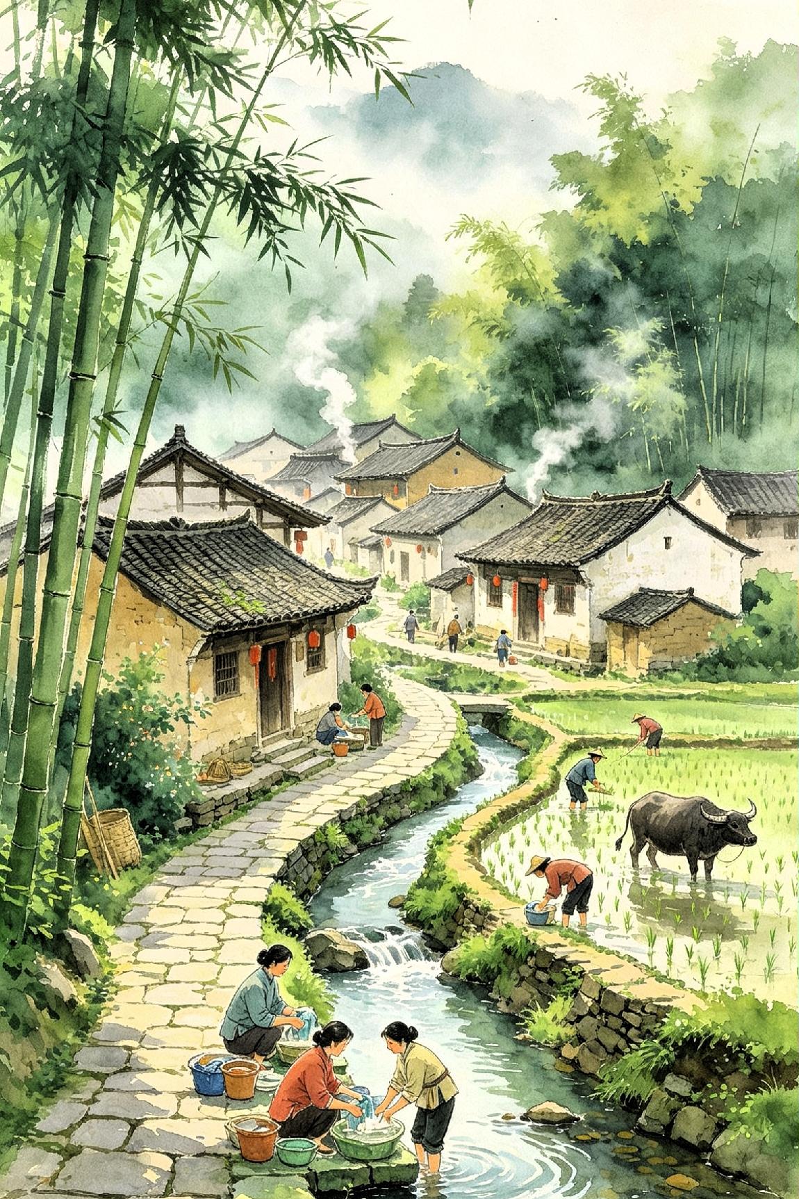 《山水田园》

 
翠竹环村瓦舍连，清溪绕石涌寒泉。

村姑浣帛轻言笑，农叟栽秧