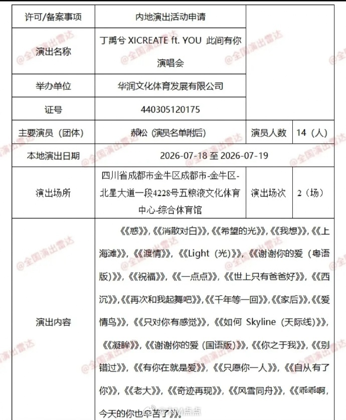 继潮牌之后，丁禹兮的演唱会歌单也出来了！现在爱开演唱会的明星越来越多了～影视寒冬