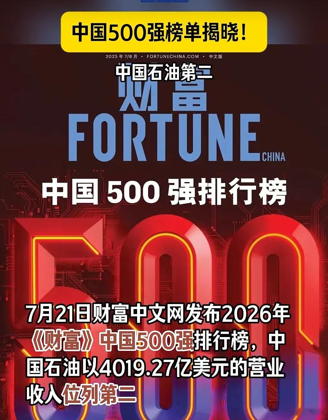 最新中国500强 2026年《财富》中国500强今天正式发布，500家企业总营收