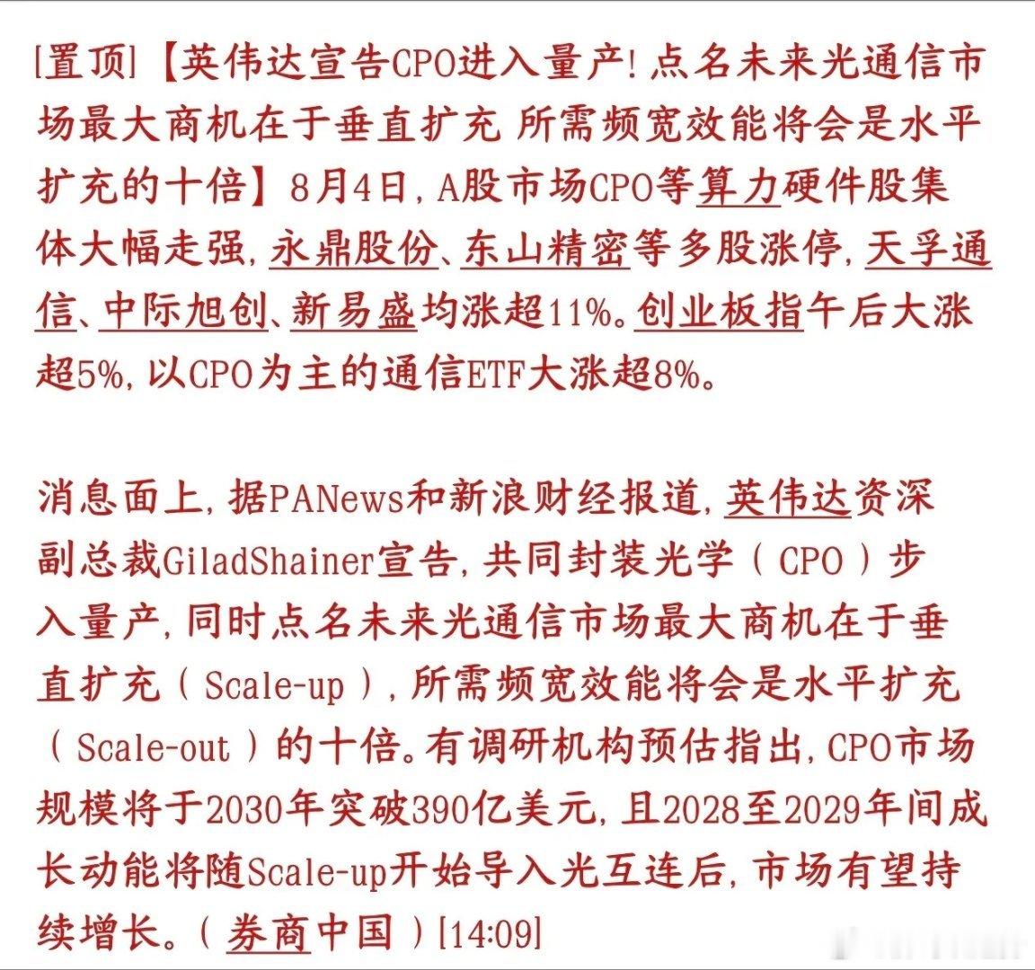 英伟达官宣CPO正式量产，叠加AI垂直架构带来十倍带宽增量空间，光通信赛道逻辑彻