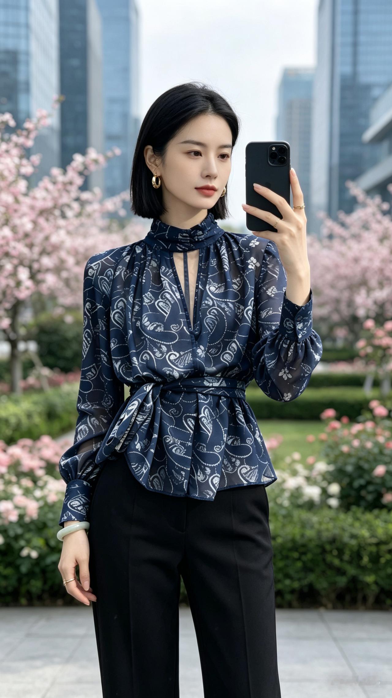 年轻东亚女性黑短直发，清冷温柔，持手机自拍。藏青佩斯利雪纺上衣配黑西裤，金饰玉镯