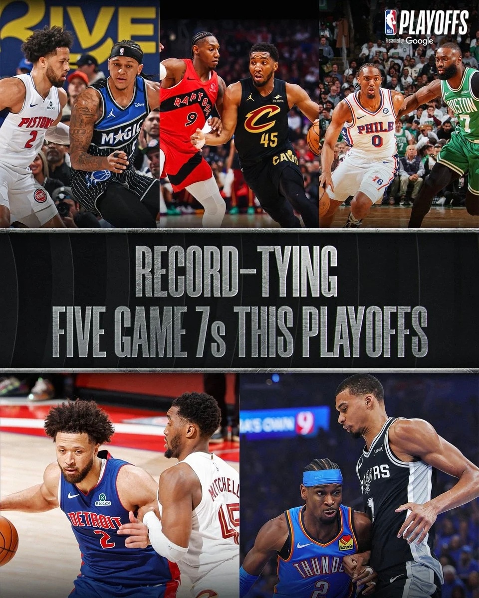 雷霆马刺明天的G7将成为本赛季NBA季后赛的第五场抢七大战，追平了单赛季季后赛抢