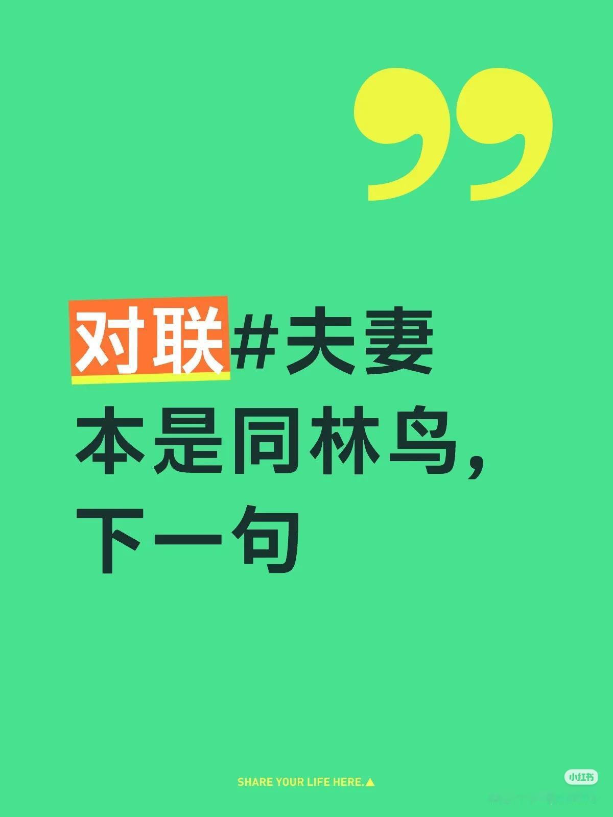 上联：夫妻本是同林鸟，
下联：？