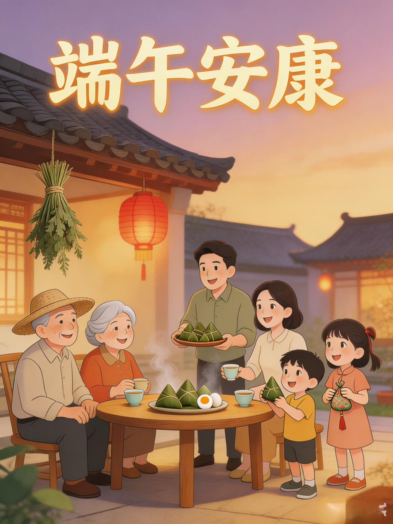 华灯初上，端午家宴启。悬艾避烦忧，粽香寄安康，家人围坐，笑语满堂。漫长夏日，最好