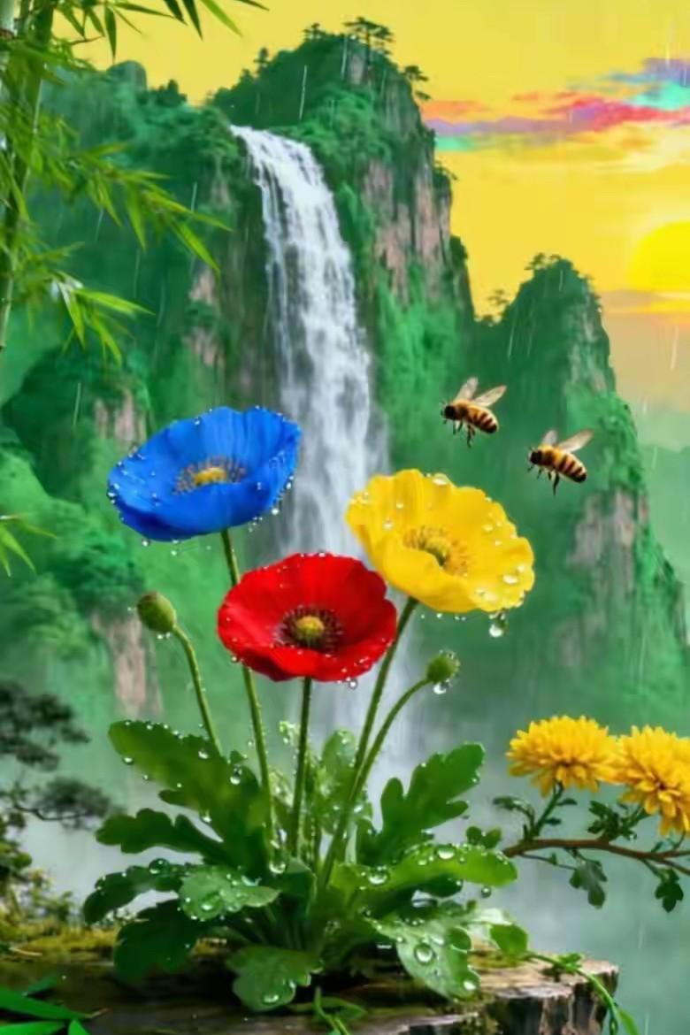 蜜蜂翩翩飞舞，花间香气扑鼻！
花朵盛开，如此美丽！