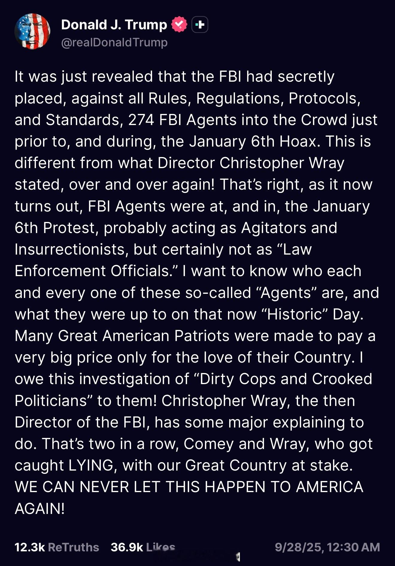 FBI局长 Kash Patel 今天对川普之前在 Truth Social 上