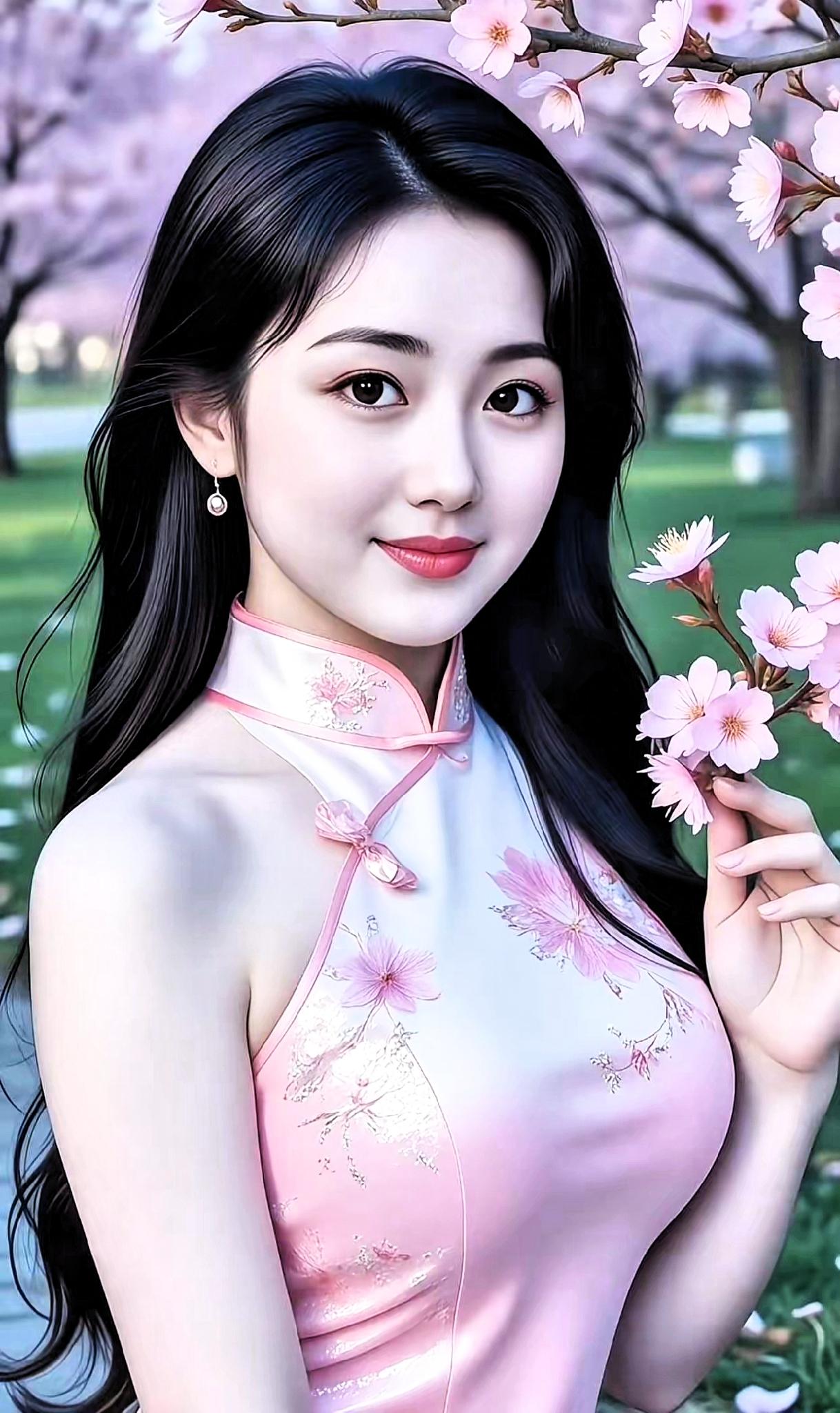 樱花树下，温柔少女，粉裙飘逸，春意盎然。